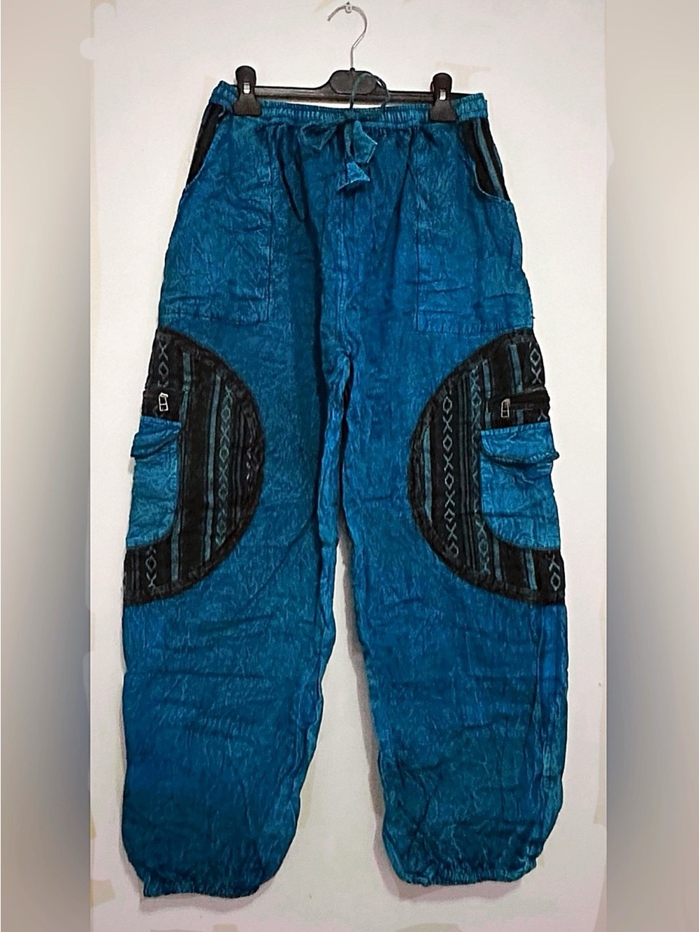 Teal Boho Cargo Harem Pants with Tribal Pocket Panels